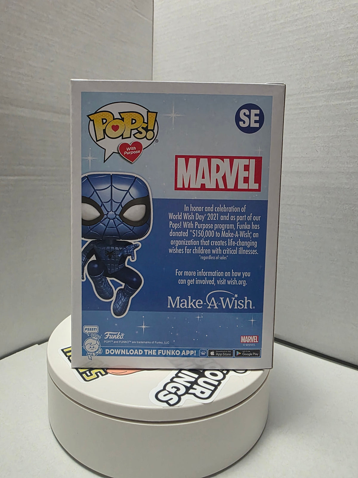 Funko Pops With Purpose Marvel Spider-Man Make-A-Wish SE Metallic Blue front view in box
