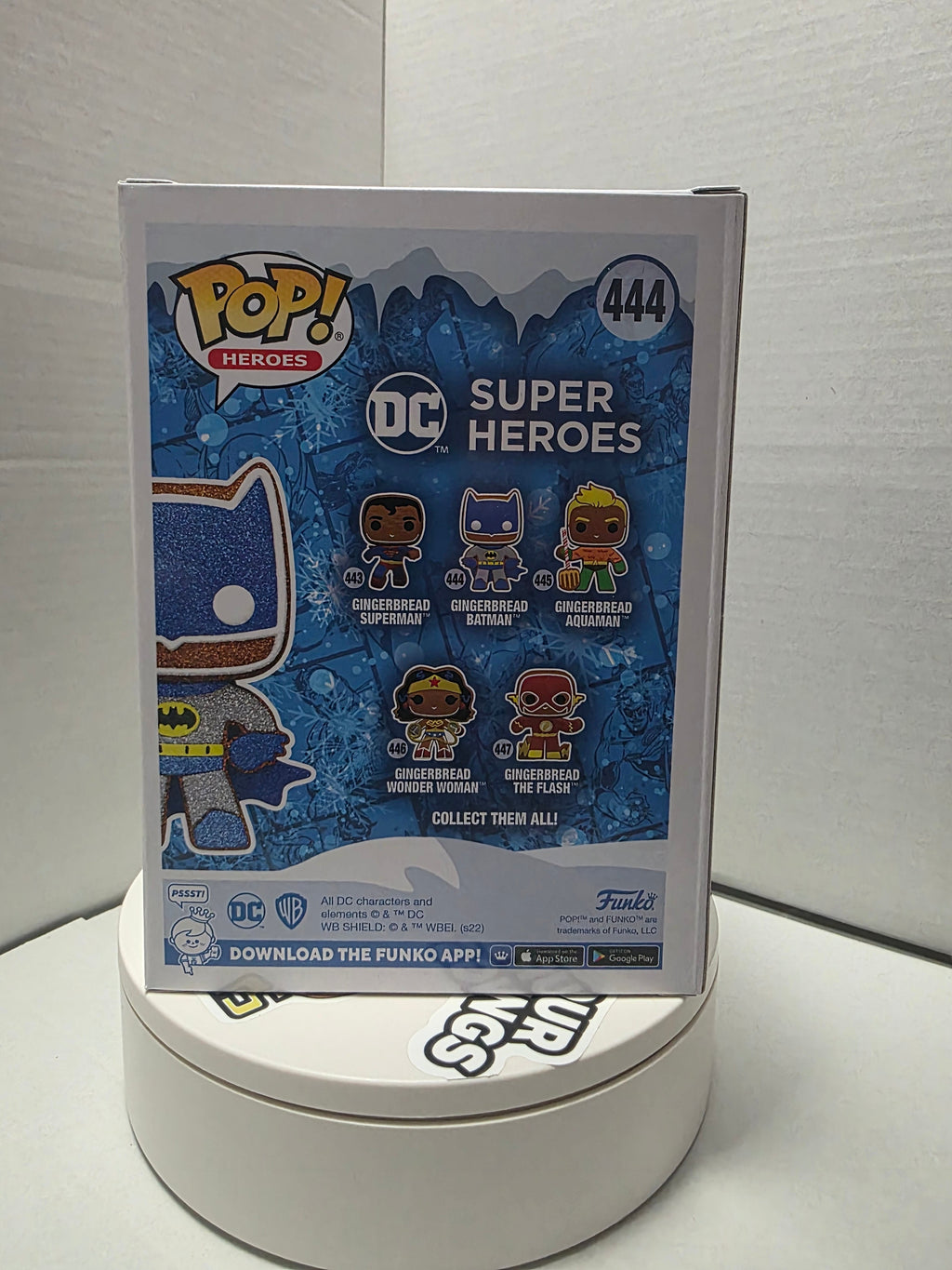 Funko Pop Gingerbread Batman #444 box back showing full DC Super Heroes Gingerbread lineup