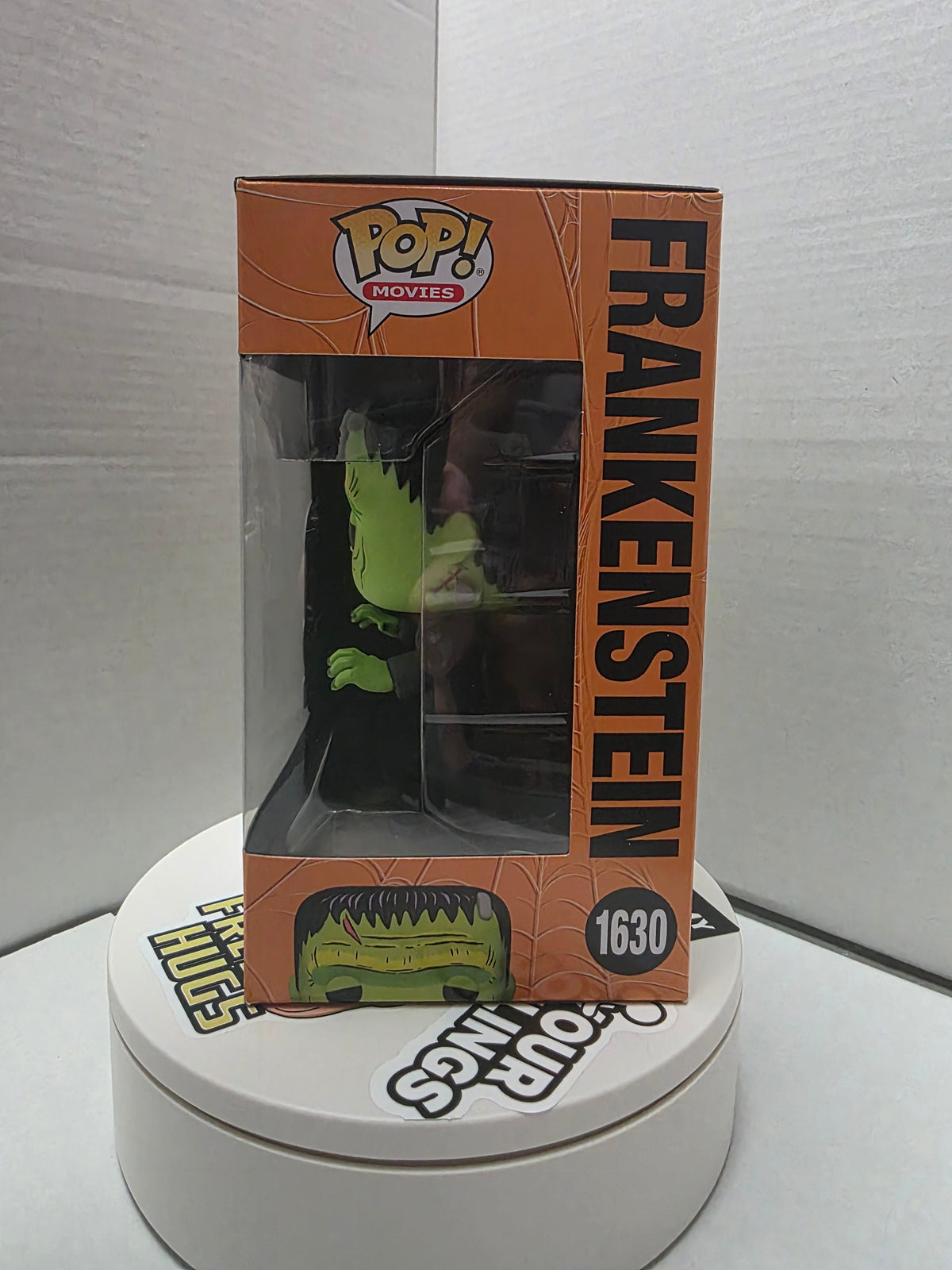Funko Pop Universal Monsters Frankenstein #1630 box top with Pop Movies logo