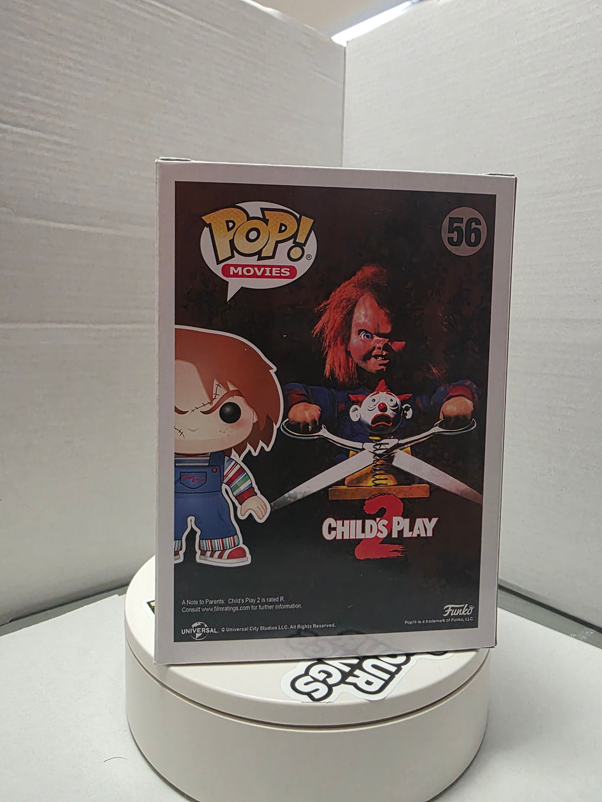 Bottom of Funko Pop Chucky #56 box with barcode and product information