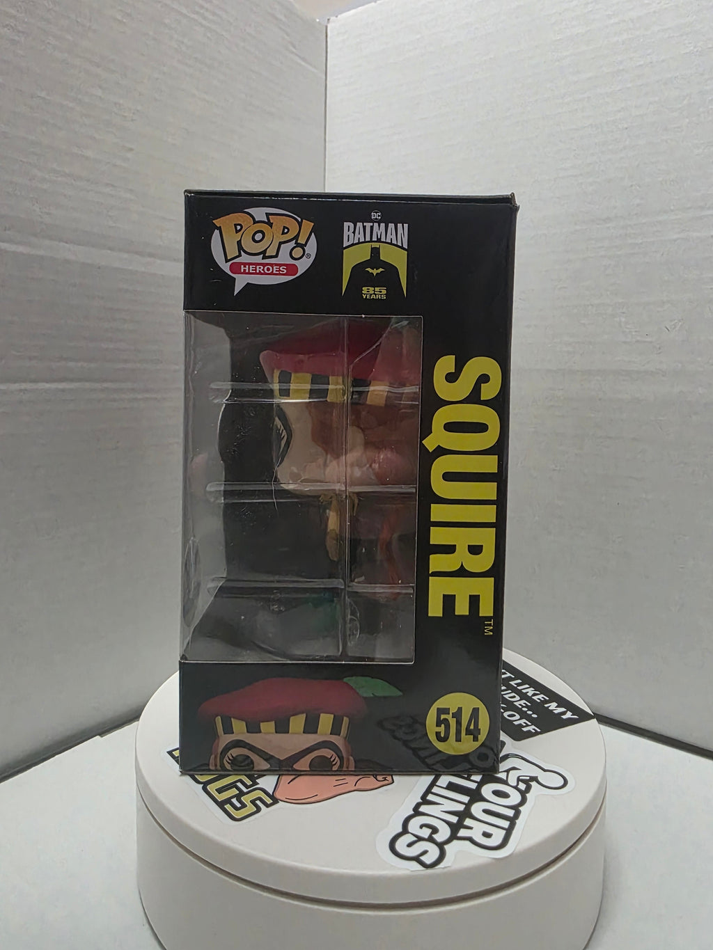 Funko Pop Batman 85 Years Squire #514 box top showing DC Pop Heroes logo and figure peek