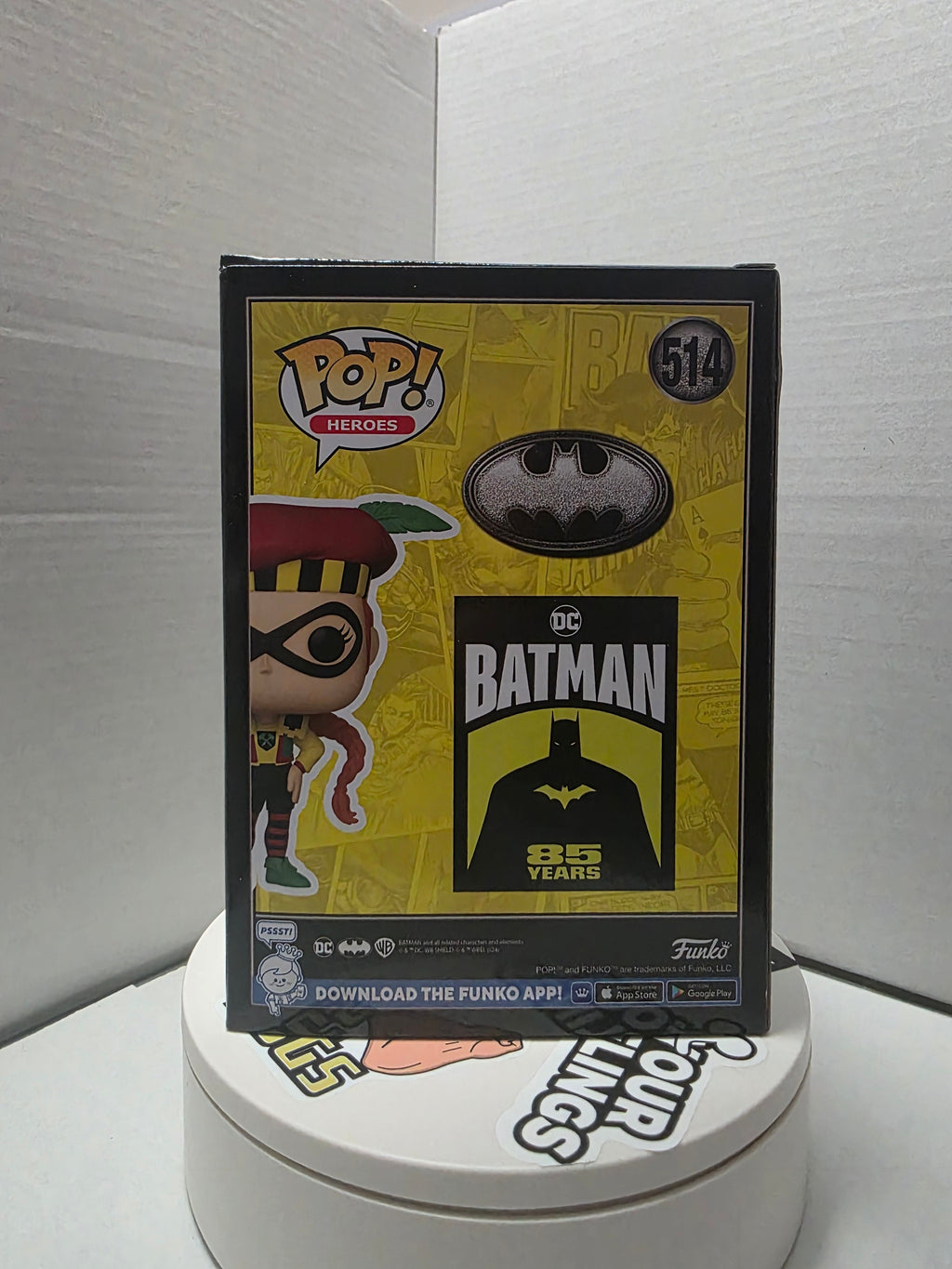 Funko Pop Batman 85 Years Squire #514 box back with DC Pop Heroes branding and character art