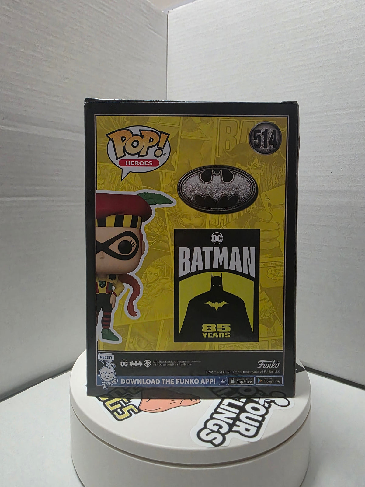 Funko Pop Batman 85 Years Squire #514 box back with DC Pop Heroes branding and character art