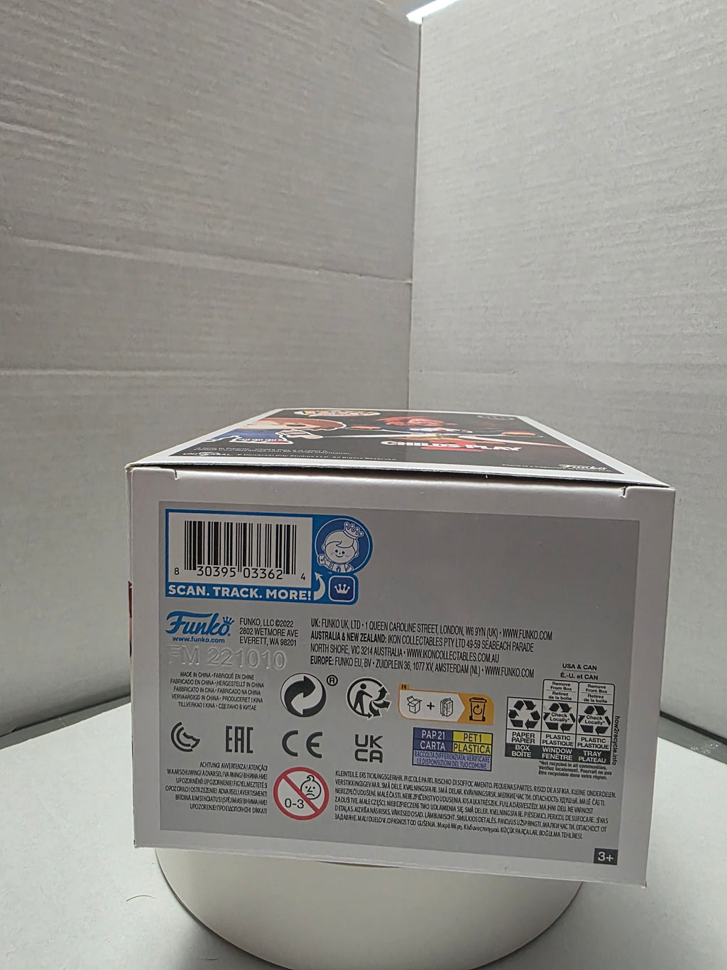 Front panel of Funko Pop Chucky #56 Child's Play 2 box showing character art