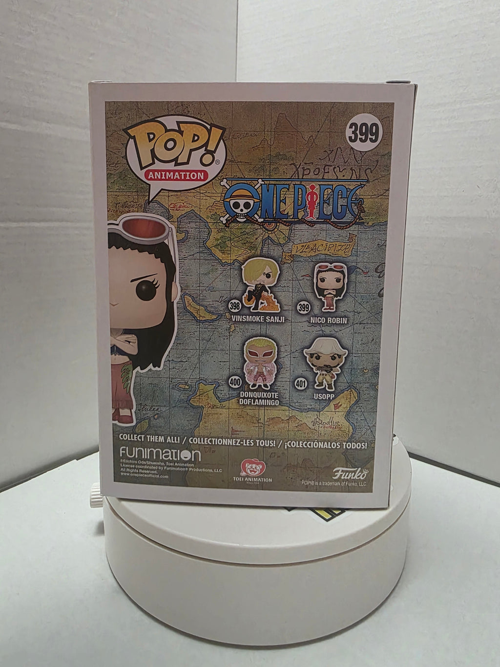 Funko Pop One Piece Nico Robin 399 back panel showing collect them all with Sanji Doflamingo Usopp