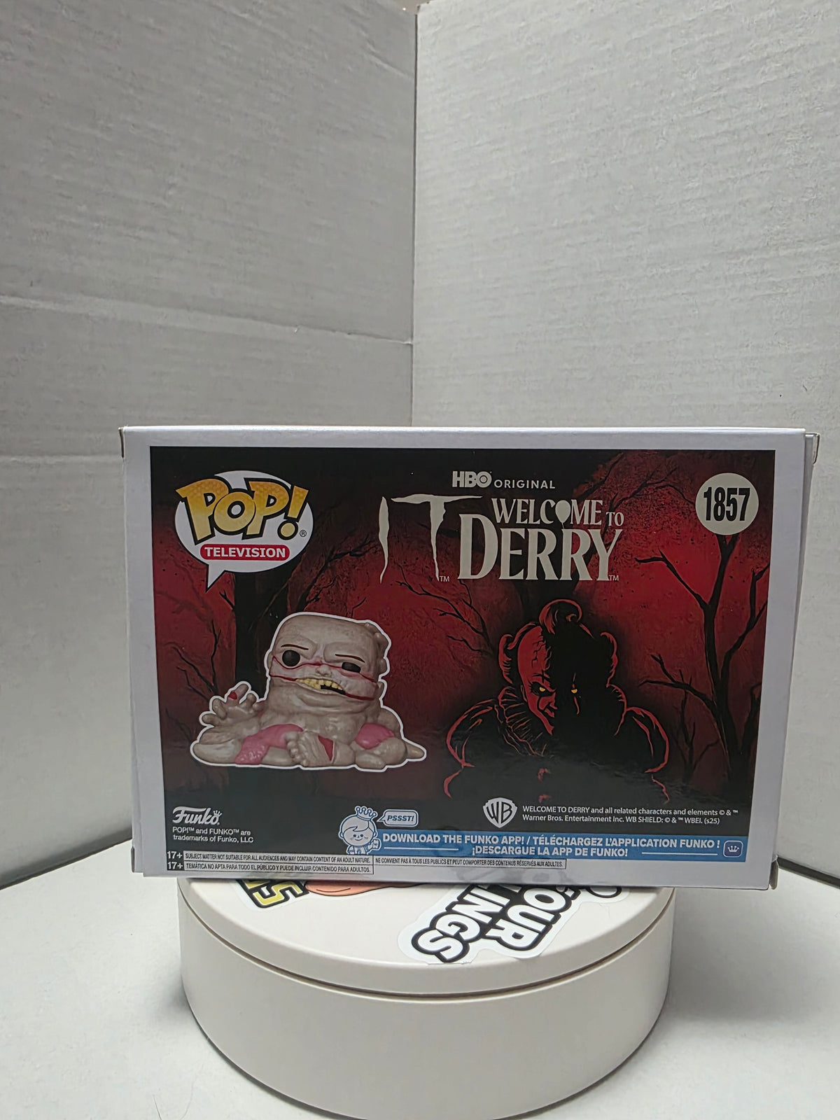 Funko Pop Welcome to Derry Pickle Dad #1857 box right side panel showing figure through window
