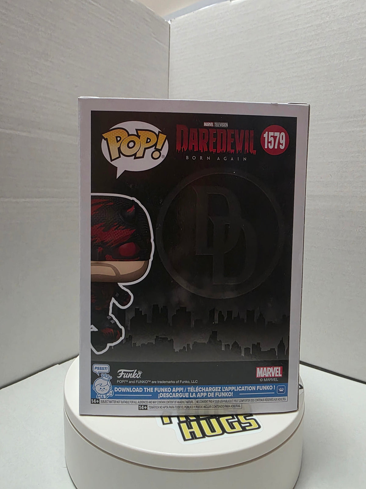 Funko Pop! Daredevil Battle Damaged #1579 bottom of box with Marvel and Pop! branding