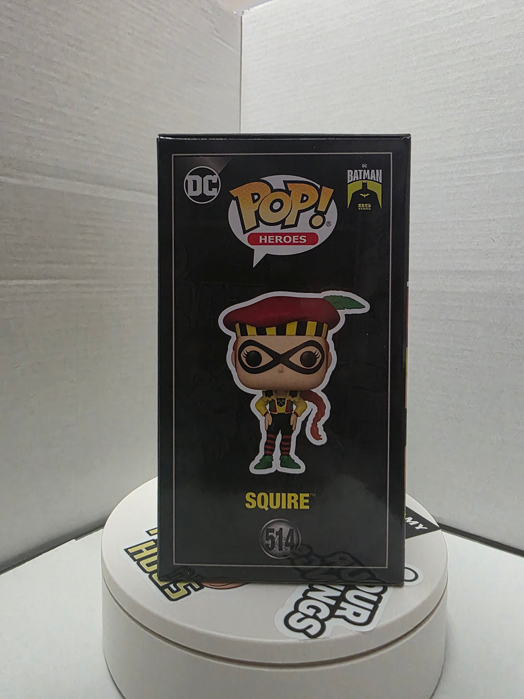 Funko Pop Batman 85 Years Squire #514 box side with Batman 85 Years gold logo and full figure art