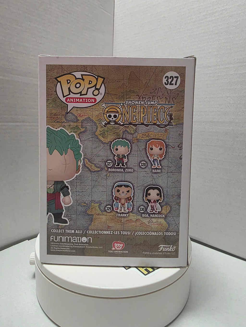 Funko Pop One Piece Roronoa Zoro 327 side panel with map art